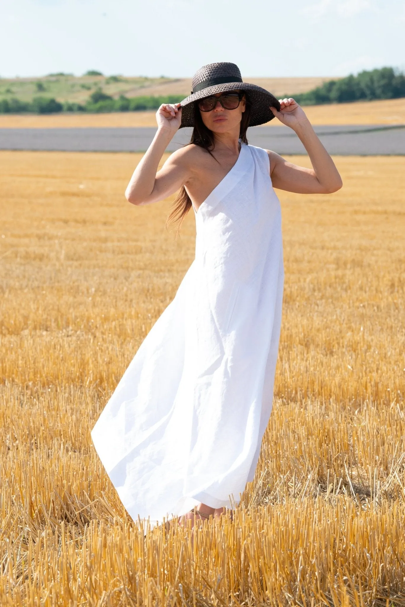 TIFFANY White Linen Dress With One Shoulder