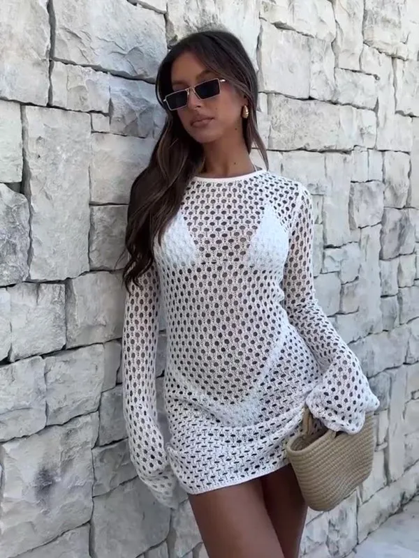 Trendy Open Knit Backless Cover-Up Dress for Summer Fun