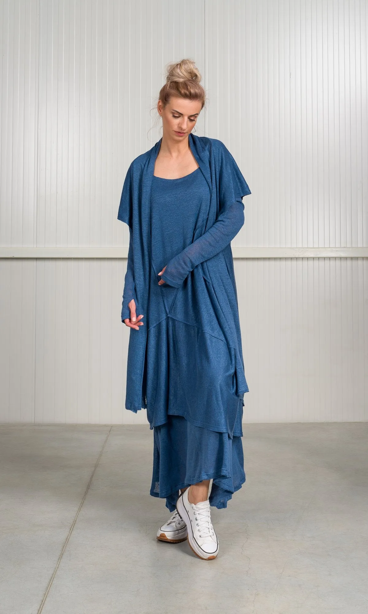 Two-piece Set of Linen Knit Dress and Cardigan