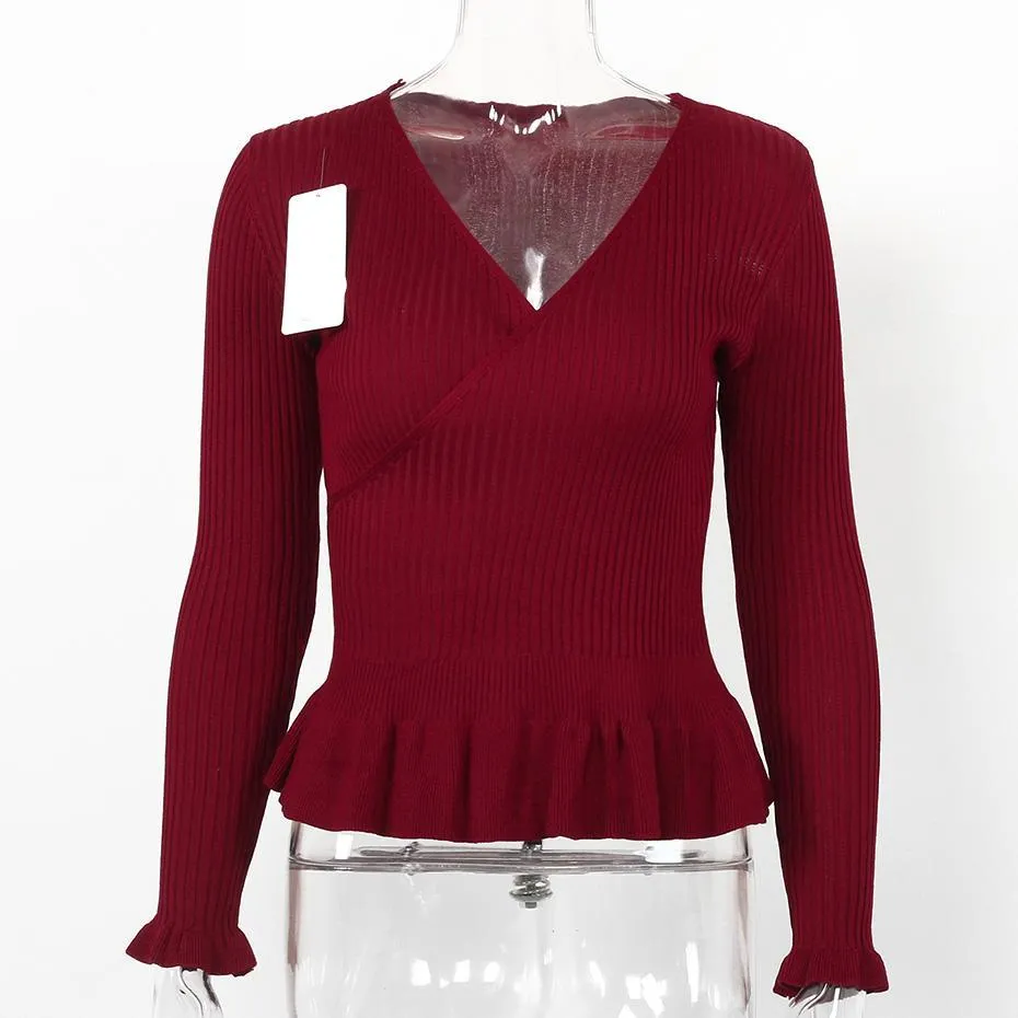 V Neck Ruffle Peplum Knitted Long Sleeve Wrap Shirt