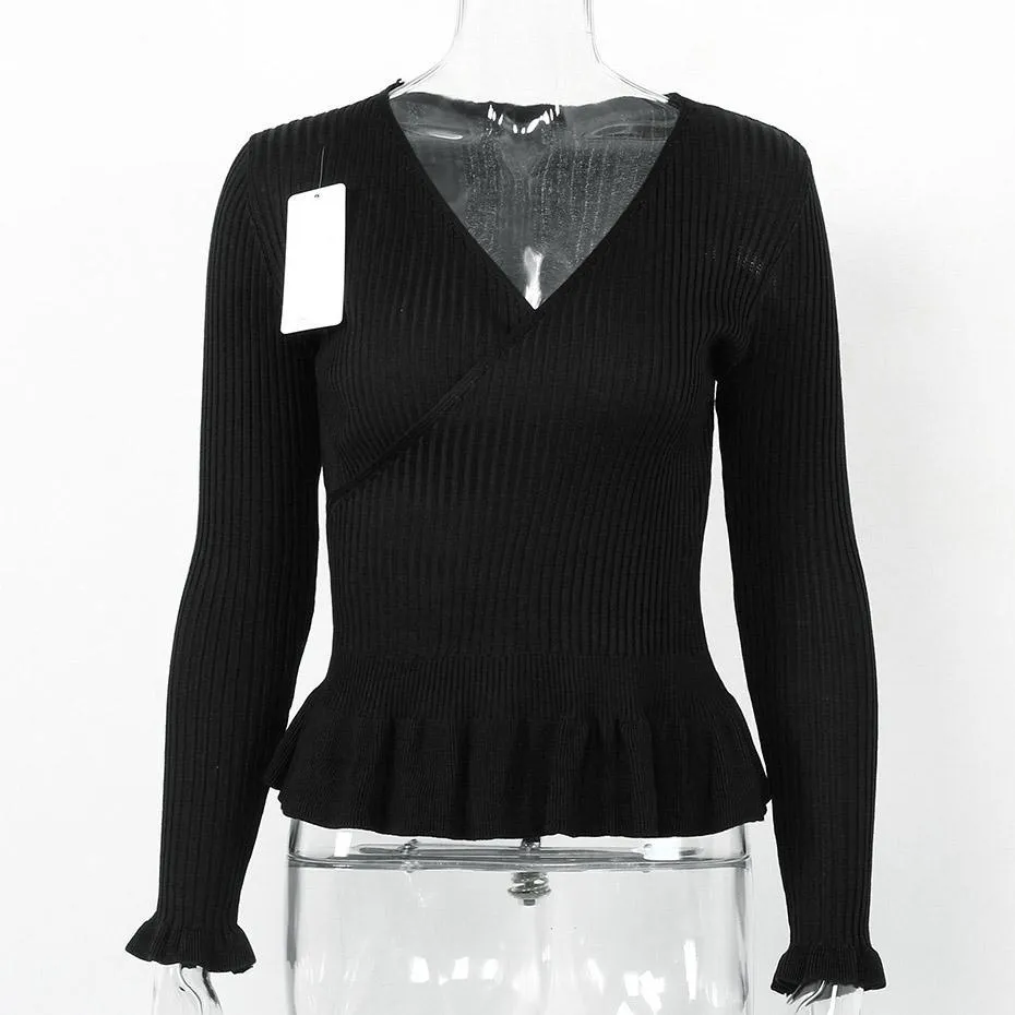 V Neck Ruffle Peplum Knitted Long Sleeve Wrap Shirt