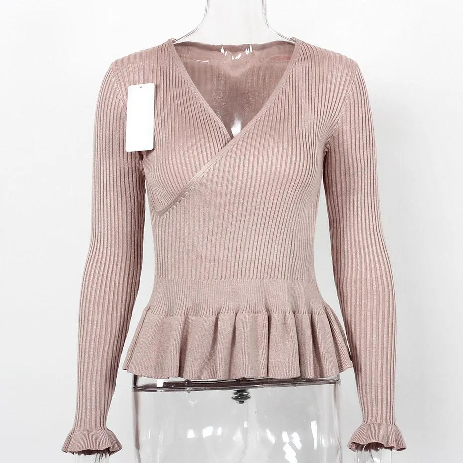 V Neck Ruffle Peplum Knitted Long Sleeve Wrap Shirt