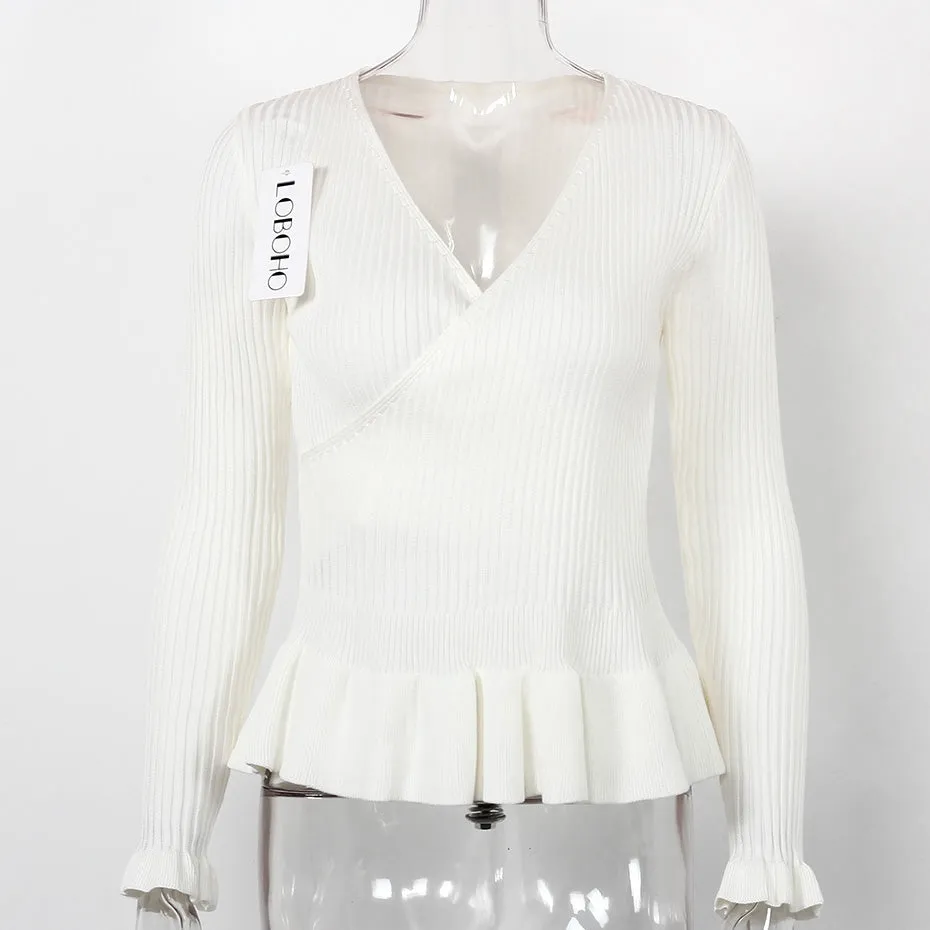 V Neck Ruffle Peplum Knitted Long Sleeve Wrap Shirt