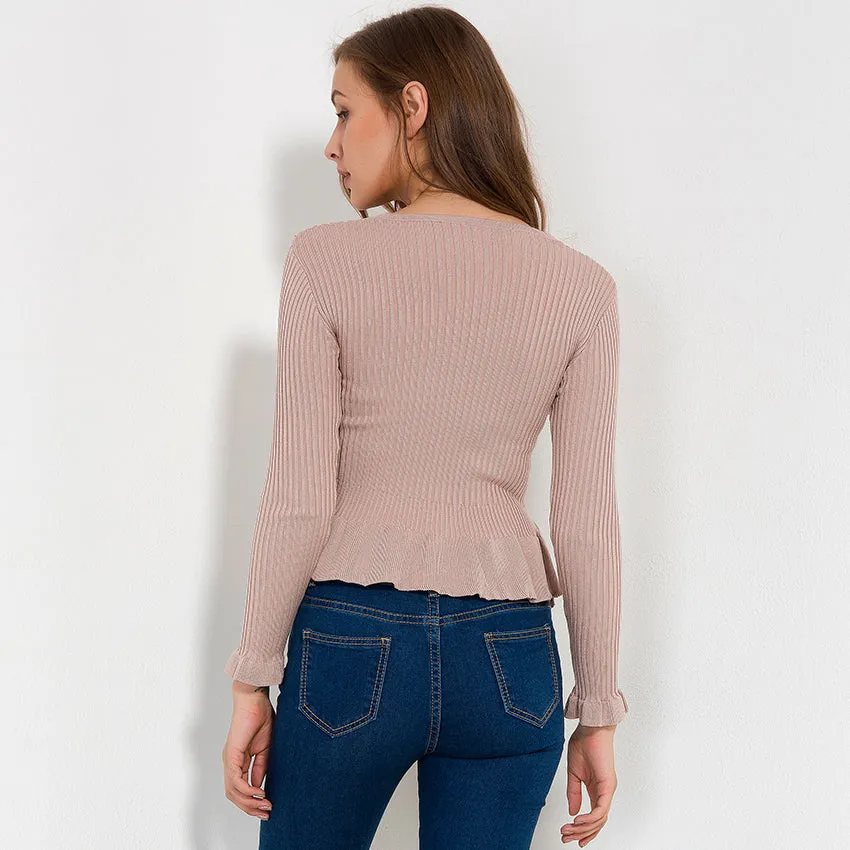 V Neck Ruffle Peplum Knitted Long Sleeve Wrap Shirt