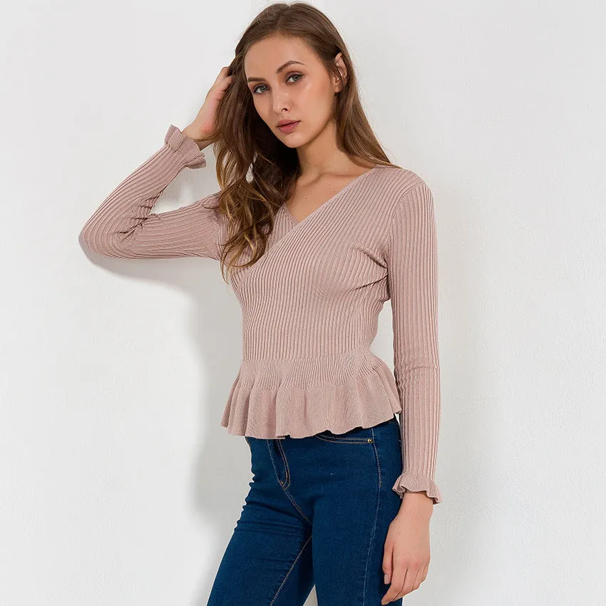 V Neck Ruffle Peplum Knitted Long Sleeve Wrap Shirt