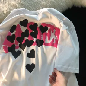 White Grunge Aesthetic Heart Letter Print Loose T-shirt