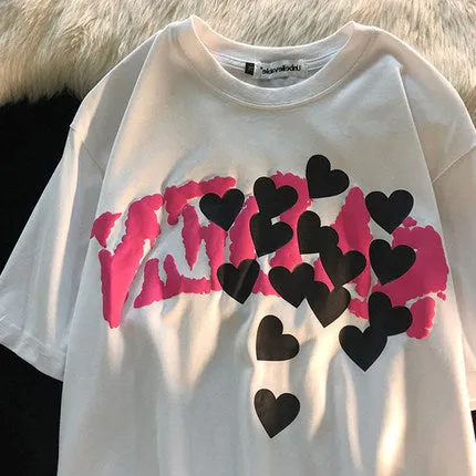 White Grunge Aesthetic Heart Letter Print Loose T-shirt