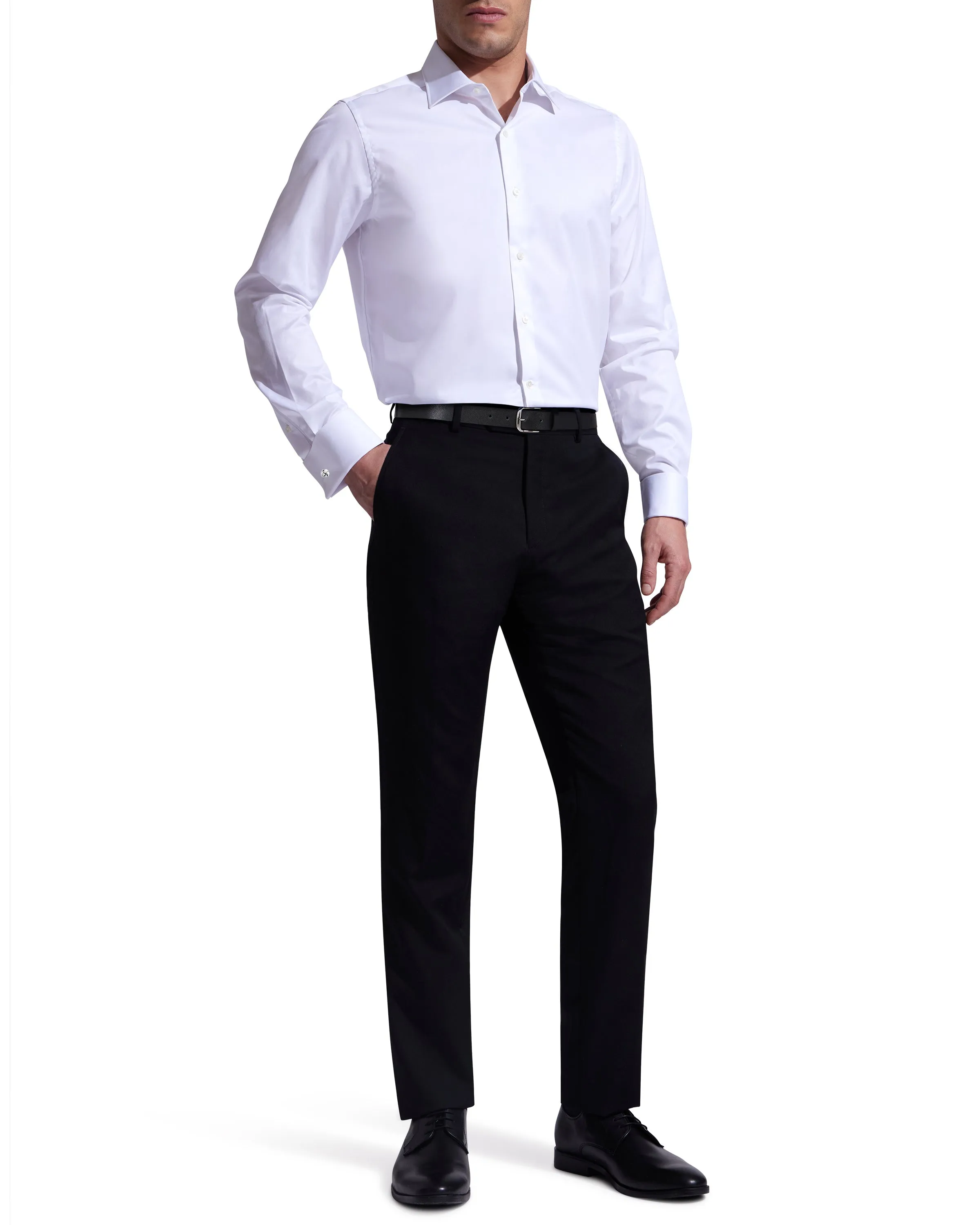 White Twill Natural Stretch Cotton French Cuff Dress Shirt
