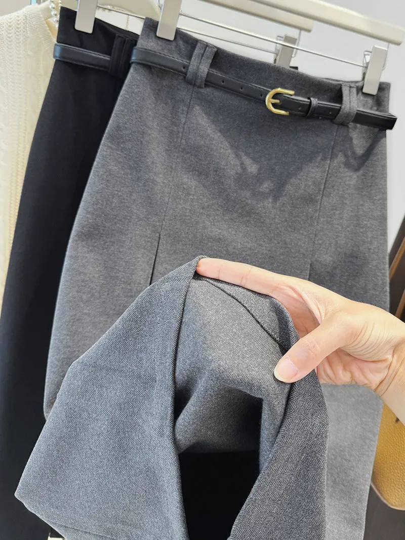 Women High Waist Woolen Sheath Midi Skirt