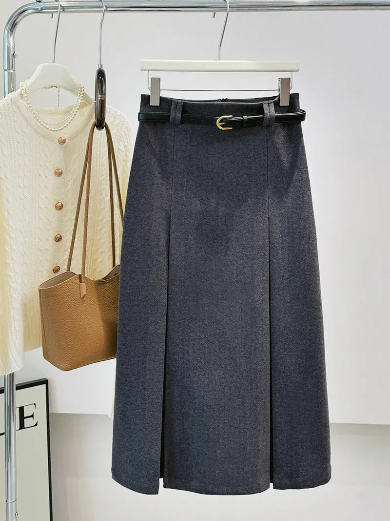 Women High Waist Woolen Sheath Midi Skirt