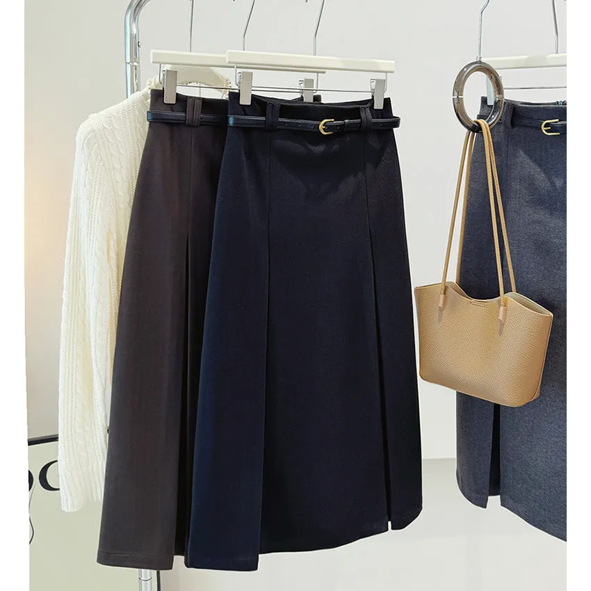 Women High Waist Woolen Sheath Midi Skirt