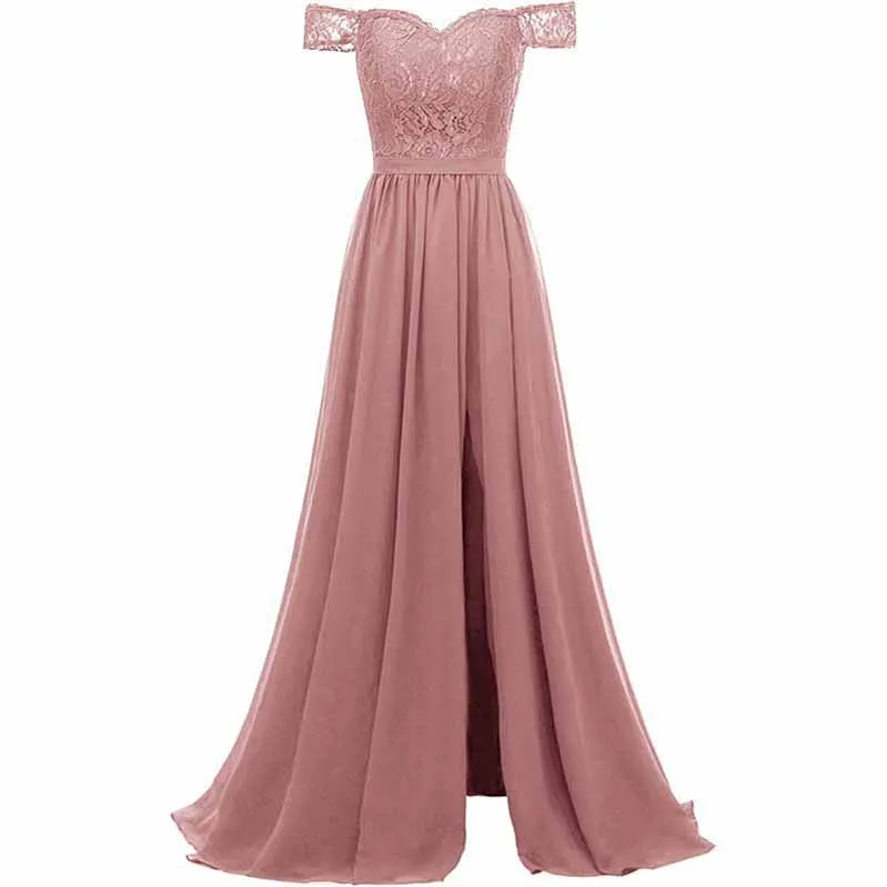 Women Off Shoulder Split Bridesmaid Dresses Long Floral Lace Chiffon Formal Wedding Evening Party Gowns