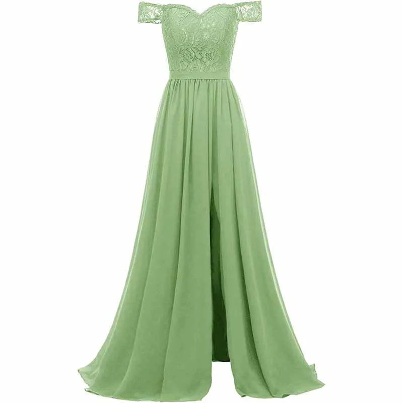 Women Off Shoulder Split Bridesmaid Dresses Long Floral Lace Chiffon Formal Wedding Evening Party Gowns