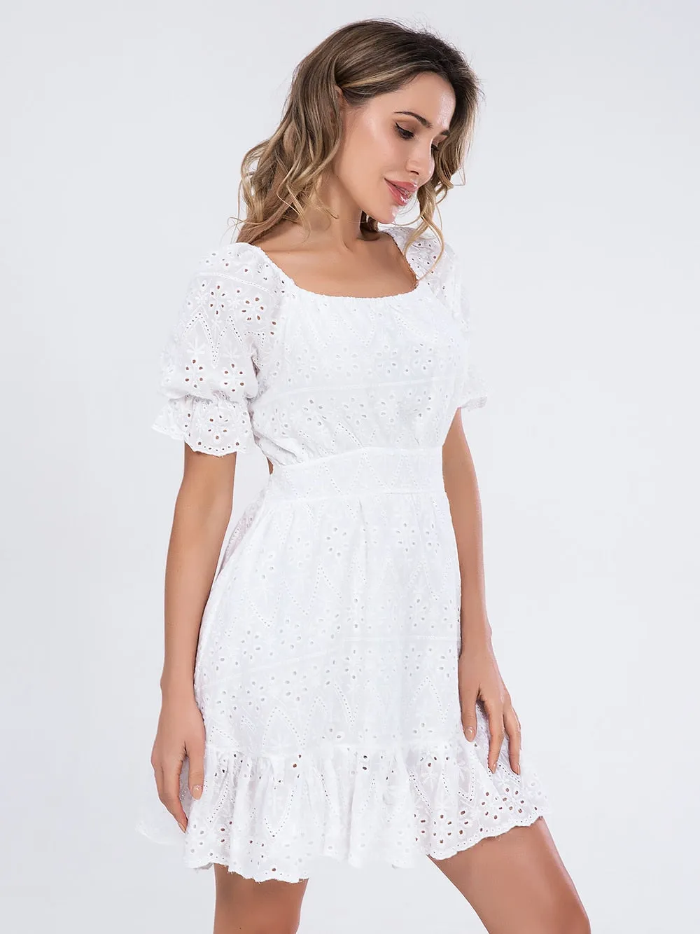 Women summer white dress Holiday casual high waist A-line Dress