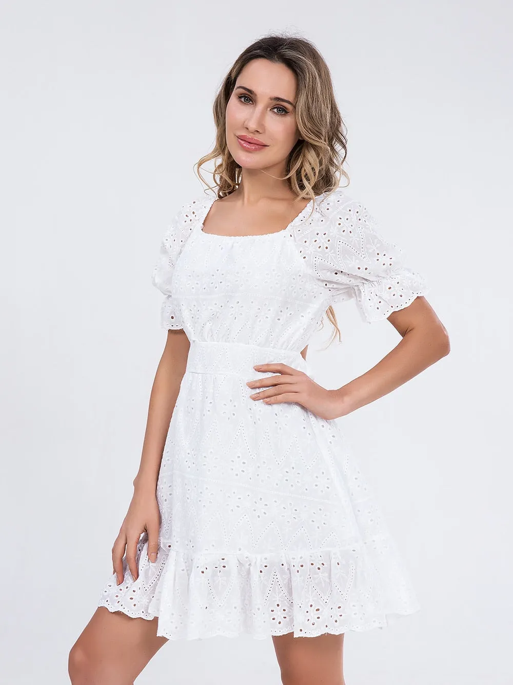 Women summer white dress Holiday casual high waist A-line Dress