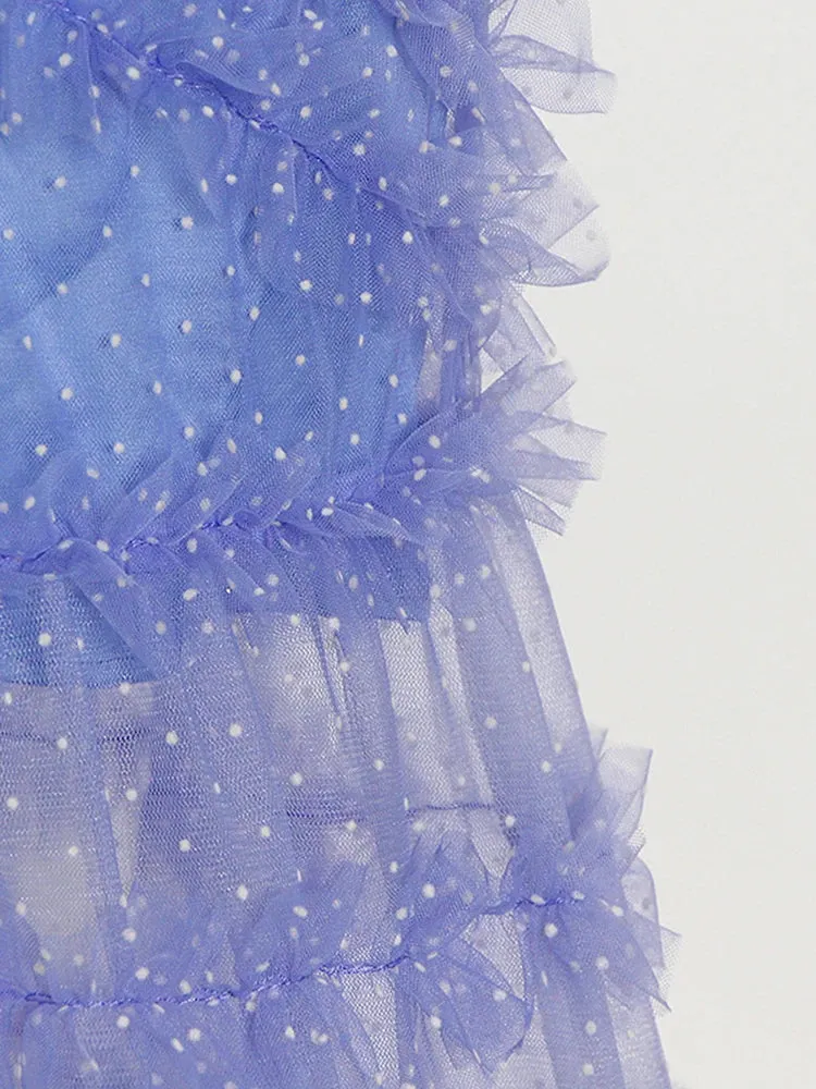 Women V Neck Puff Sleeve Patchwork Mesh Dress