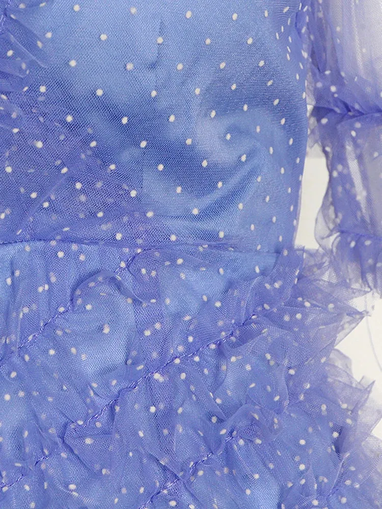 Women V Neck Puff Sleeve Patchwork Mesh Dress