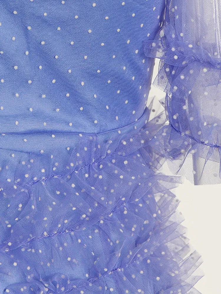 Women V Neck Puff Sleeve Patchwork Mesh Dress