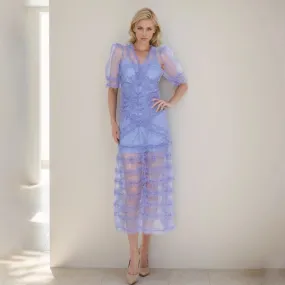 Women V Neck Puff Sleeve Patchwork Mesh Dress