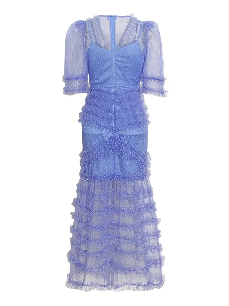 Women V Neck Puff Sleeve Patchwork Mesh Dress