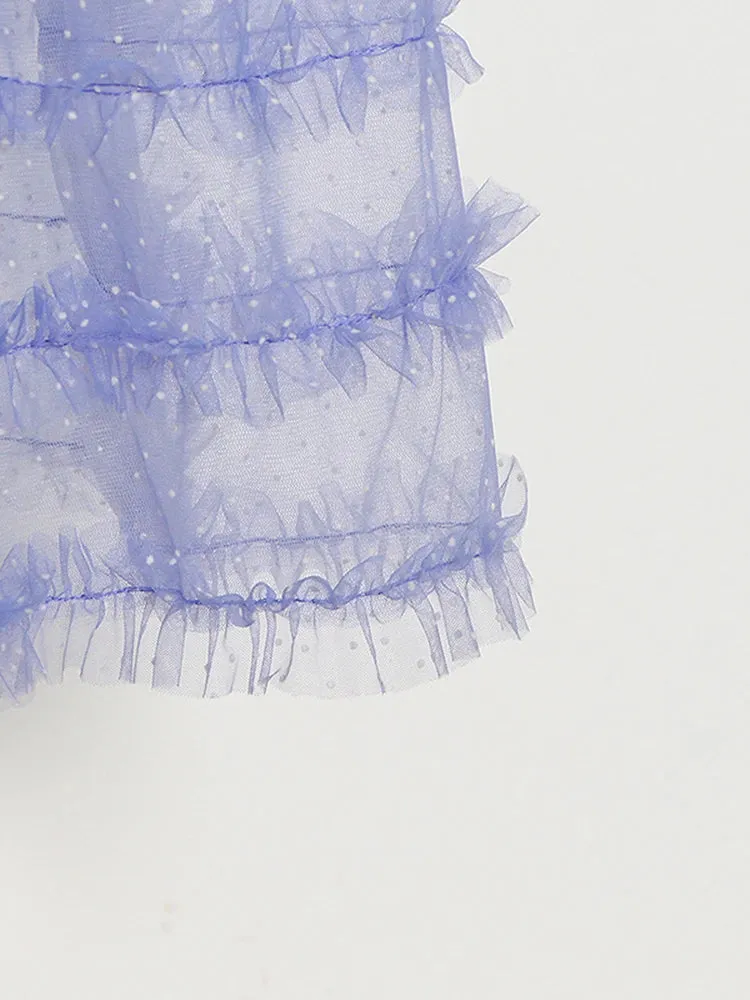 Women V Neck Puff Sleeve Patchwork Mesh Dress