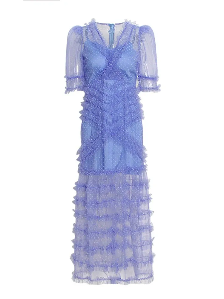 Women V Neck Puff Sleeve Patchwork Mesh Dress