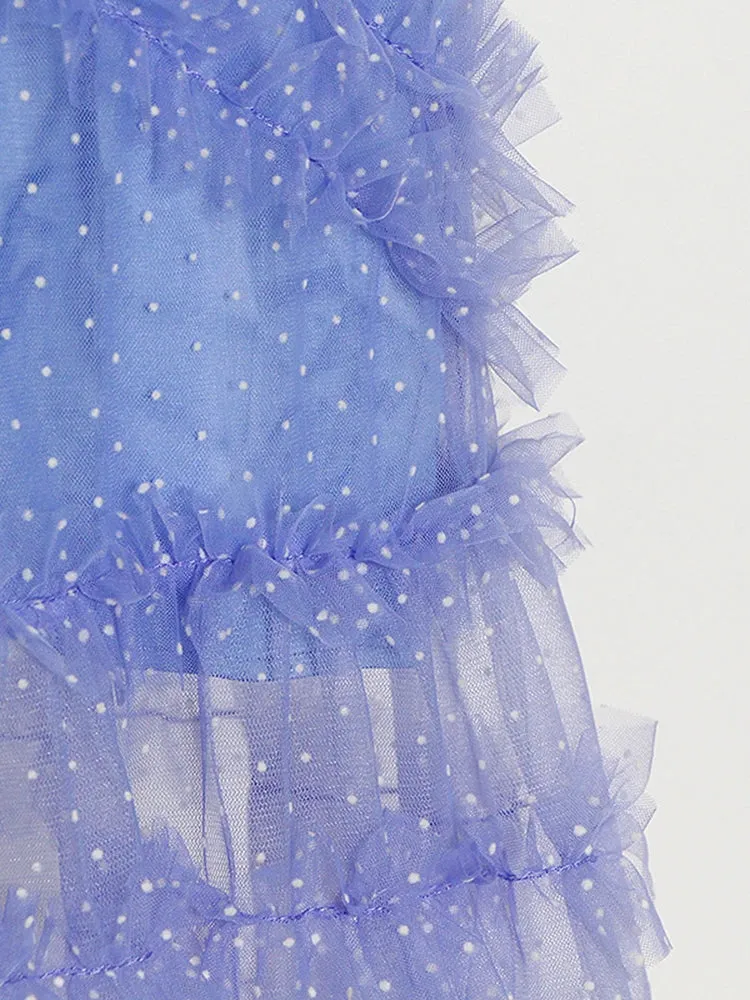 Women V Neck Puff Sleeve Patchwork Mesh Dress