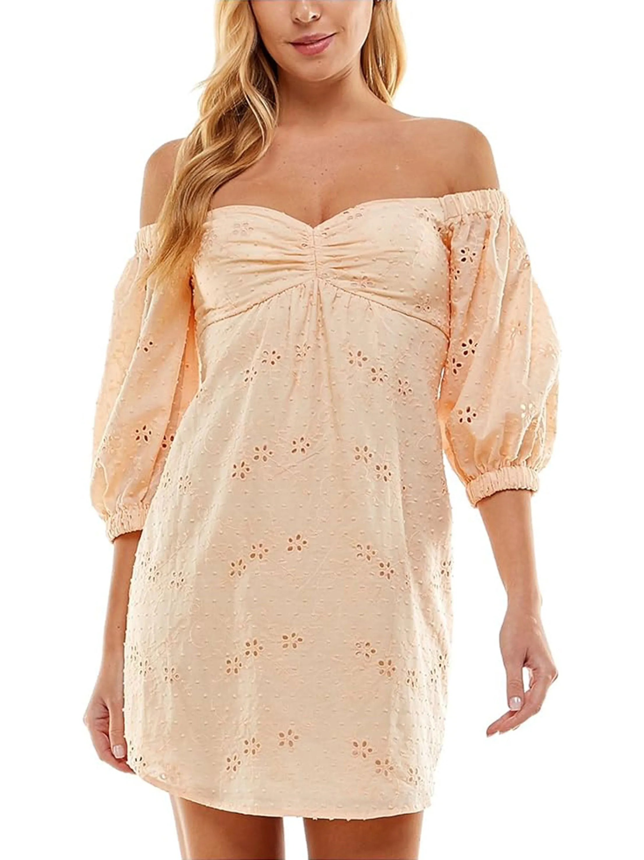 Women's Floral Embroidered Short Dress,Peach