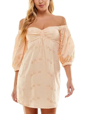 Women's Floral Embroidered Short Dress,Peach
