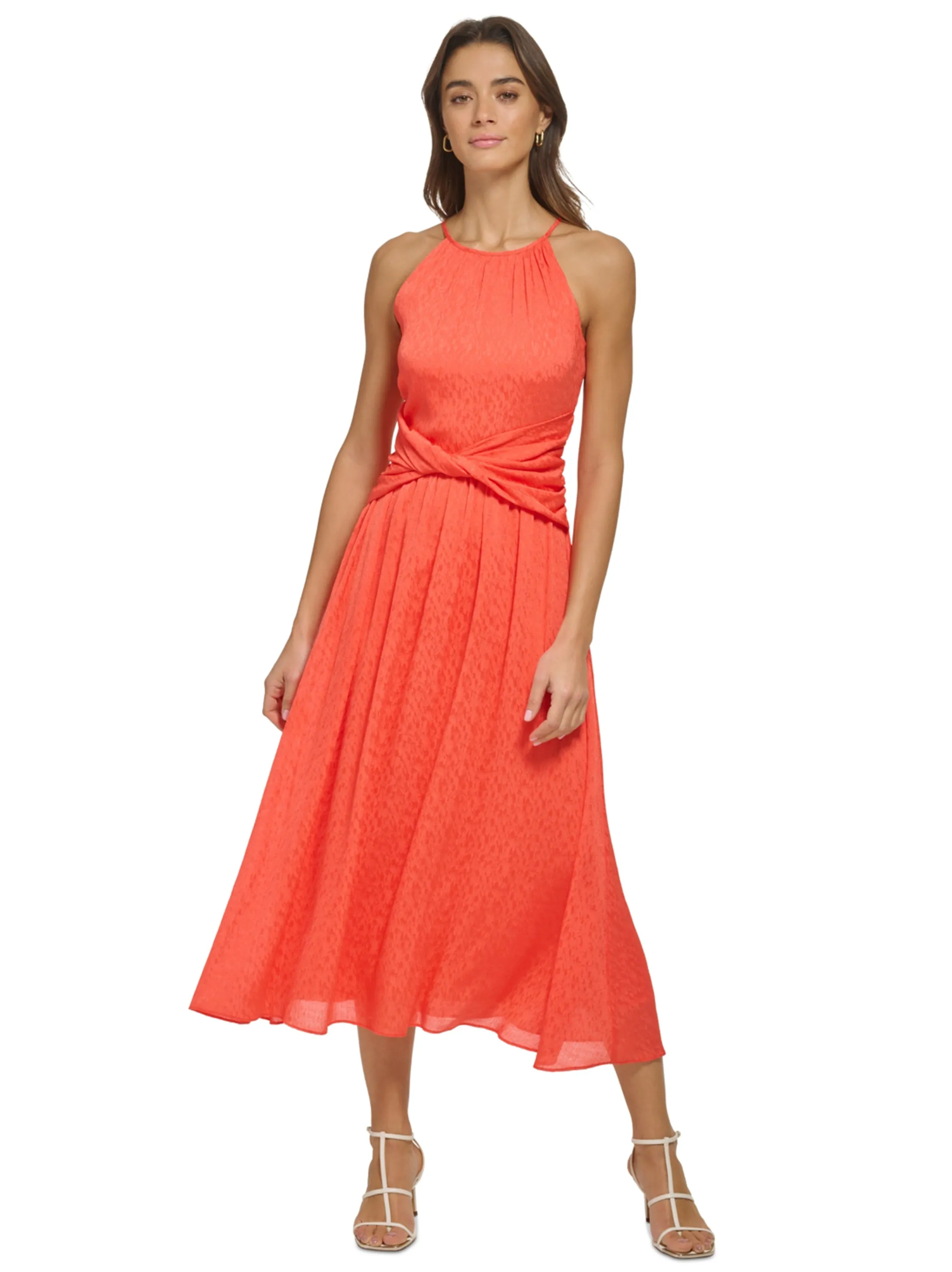 Women's Halter Twist-Waist Floral MIDI Dress,Orange