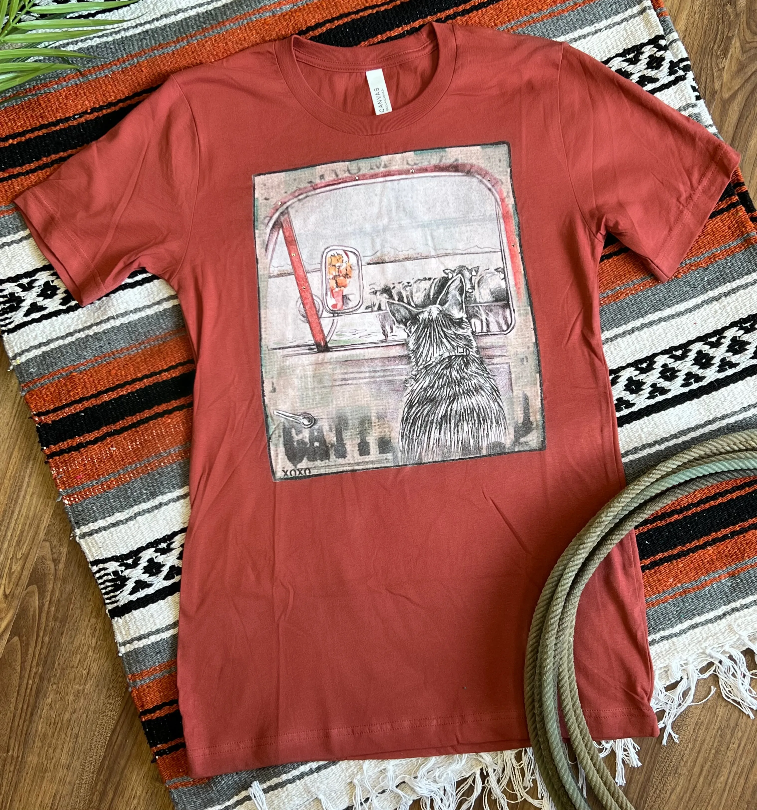 XOXO Blue Heeler Print Rust Tee Shirt
